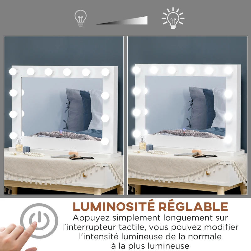 HOMCOM Miroir maquillage Hollywood lumineux 12 LED tactile - luminosité réglable, fonction mémoire - métal MDF blanc verre