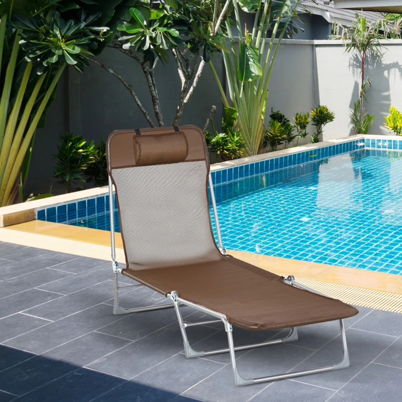 Outsunny Bain de soleil transat chaise longue inclinable pliable avec oreiller dossier réglable sur 5 niveaux marron
