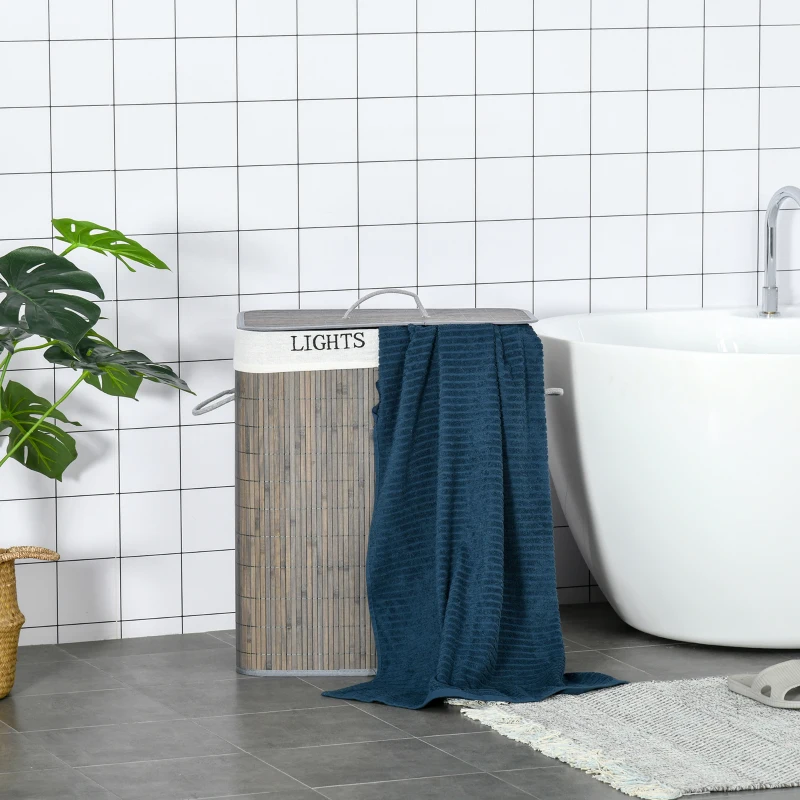 HOMCOM Cesto para Ropa Sucia de Bambú Capacidad de 100L con Tapa Extraíble Bolsa de 2 Compartimentos 52x32x63 cm Gris