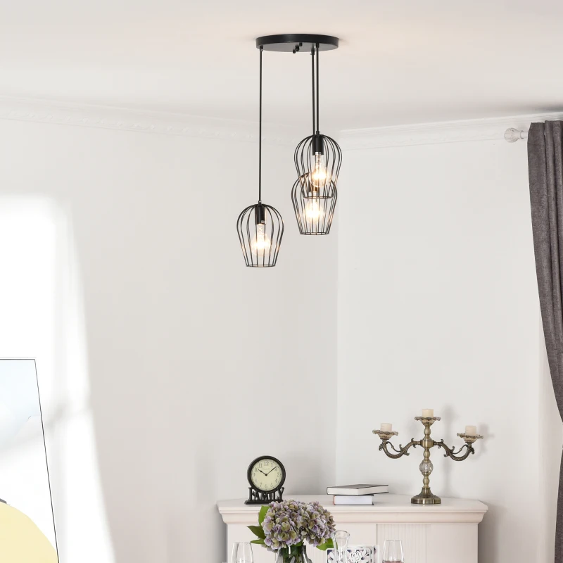 HOMCOM Lustre suspension luminair plafonnier 3 paniers métalliques douilles E27 hauteur réglable vintage rétro géométriques noir Ø 38 x 145H cm