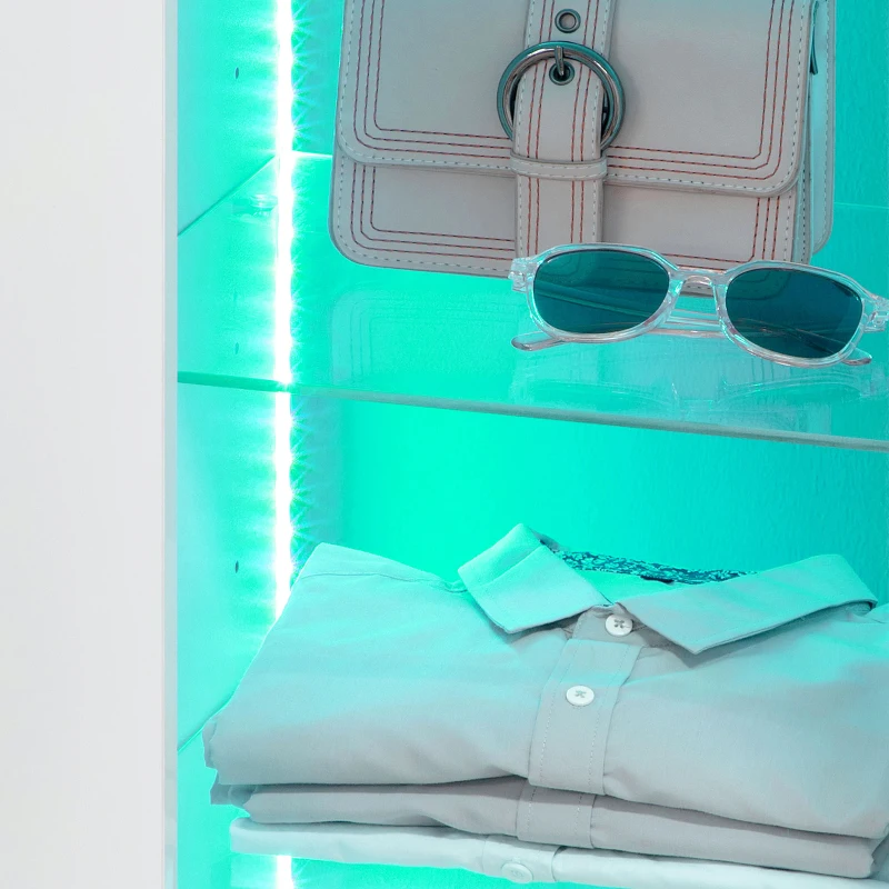 HOMCOM Mobiletto da Salotto Bianco in Truciolato e Metallo con Luci LED Blu, 3 Ripiani Aperti e Armadietto, 75x35x82 cm