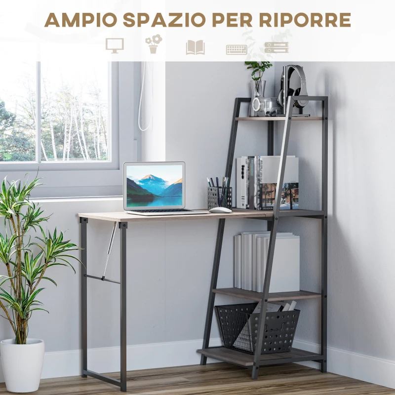 HOMCOM Scrivania Pieghevole con Libreria Salvaspazio a 4 Livelli in Metallo Nero e Legno Grigio, 106x48x128cm