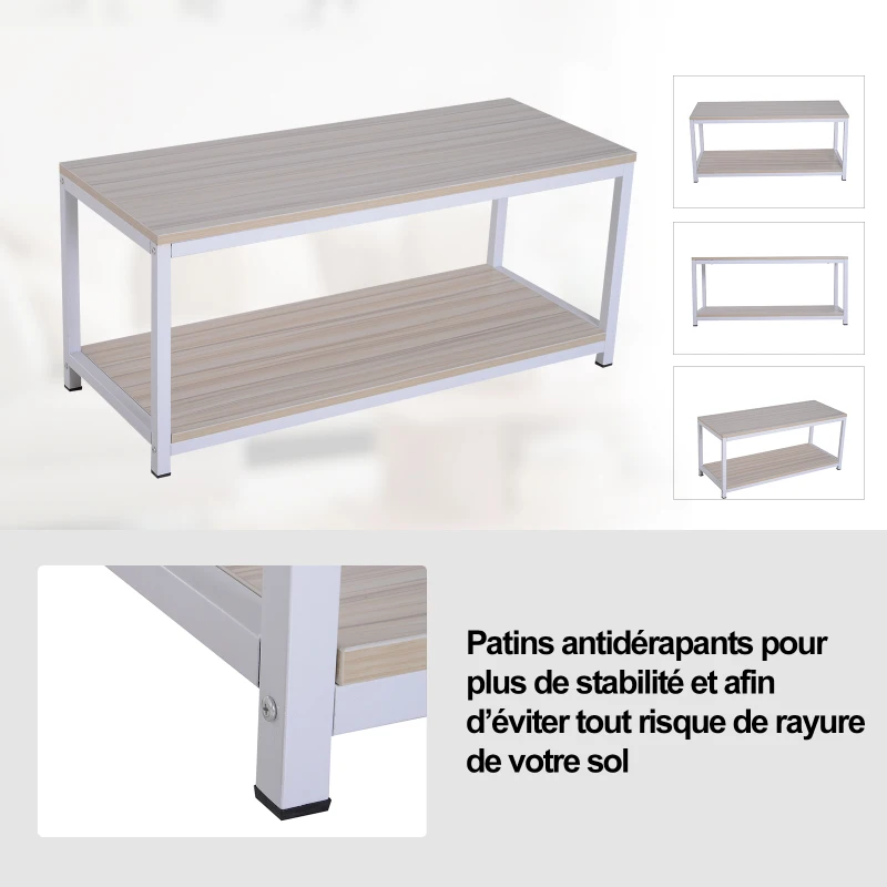 HOMCOM Table basse rectangulaire style industriel avec étagère 100L x 40l x 45H cm MDF E1 beige blanc