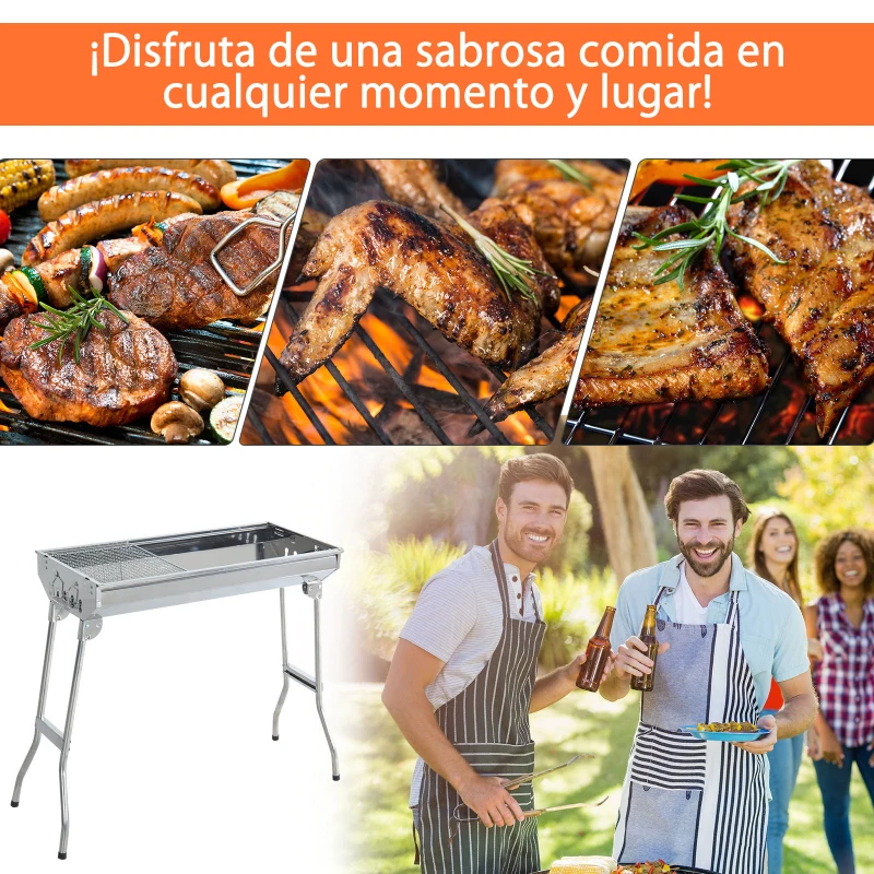 Outsunny Barbacoa Portátil y Plegable de Acero Inoxidable con Parrilla de Carbón BBQ de Picnic Camping Jardín 73x33x71 cm Plata