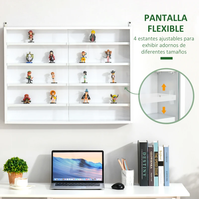 HOMCOM Vitrina Expositora Vitrina de Pared con Estantes Ajustables y 2 Puertas Correderas de Vidrio para Colecciones Perfumes Figuras de Decoración 80x9,5x60 cm Blanco