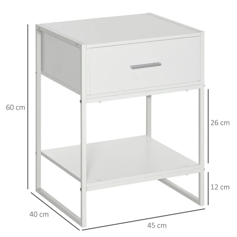 HOMCOM Set 2 Comodini Moderni, 2 Comodini da Camera da Letto e Soggiorno, con Cassetto e Ripiano Aperto, Design Moderno, in MDF e Acciaio, 45x40x60cm, Bianco