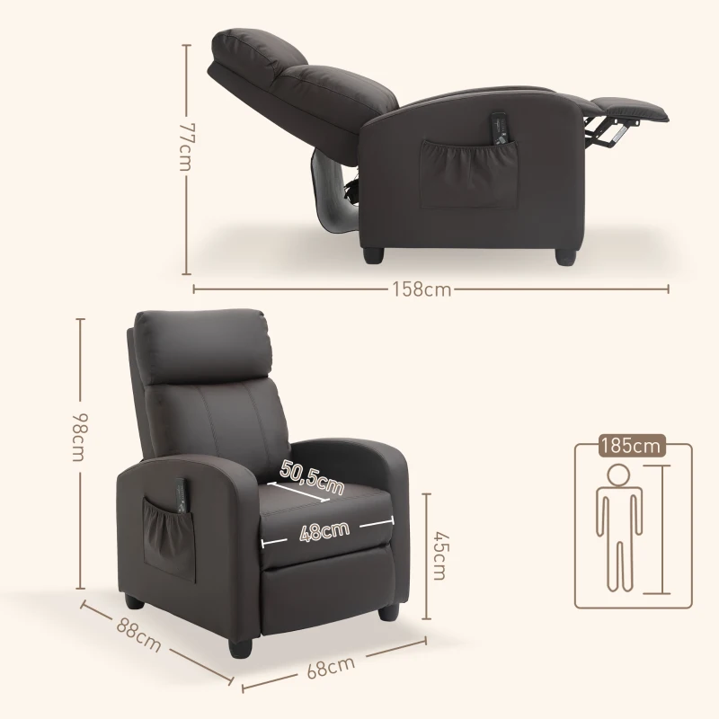 HOMCOM Sillón de Masaje Reclinable con Mando a Distancia Bolsillo Lateral y Temporizador Tapizado en PU 68x88x98 cm Marrón