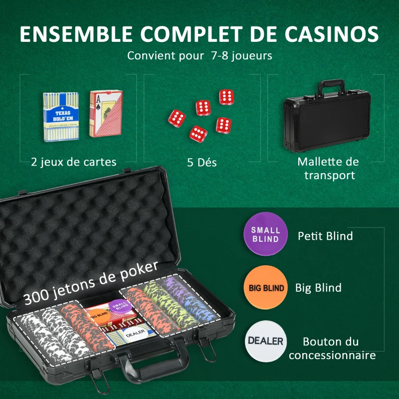 SPORTNOW Mallette de Poker Coffret de Poker Complet, avec 300 jetons 5 dés 2 Jeux de Cartes 3 boutons