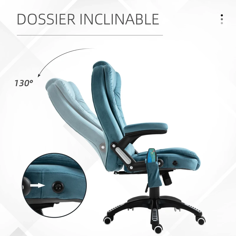 Vinsetto Fauteuil de bureau massant et chauffant, chaise de bureau, chaise ergonomique avec hauteur réglable, dossier inclinable et télécommande filaire, pivotant à 360° tissu en polyester bleu