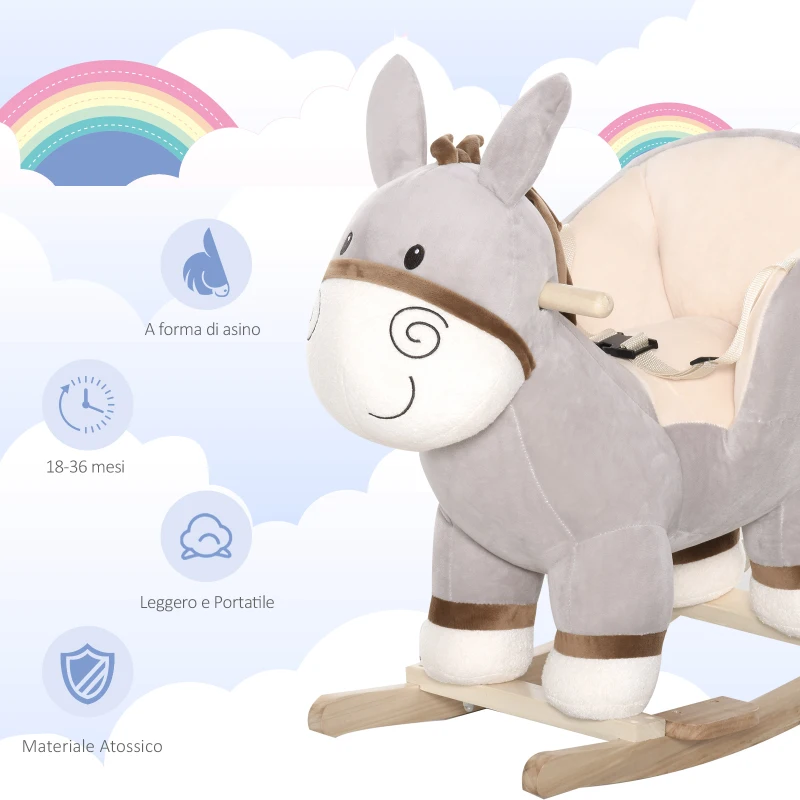 HOMCOM Cavallo a Dondolo per Bambini 18-36 Mesi, Cavalluccio a Dondolo a Forma di Asino con Suoni Realistici in Legno di Pioppo e Peluche, Grigio