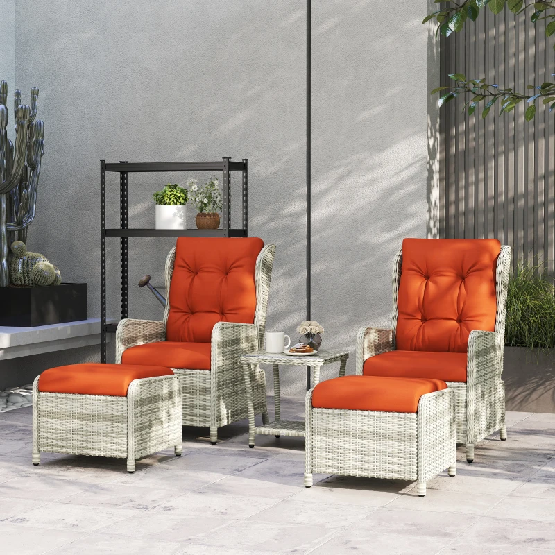 Outsunny 5 Pieces Rattan Bistro Set with Adjustable Back, Reclining Wicker Balcony Furniture with Cushions, Glass Top Coffee Table and Footstools, Outdoor Table and Chairs, Orange