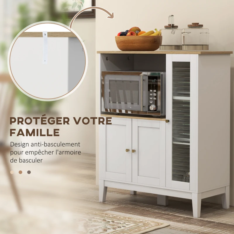HOMCOM Meuble armoire micro-ondes pour cuisine avec 1 niche, 3 portes passe-câbles 80 x 35 x 97 cm blanc et aspect bois(m-7)