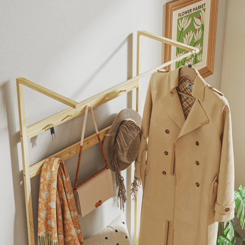 HOMCOM Garderobe mit Schuhbank, Kleiderstange, 10 Kleiderhaken, Schuhablage, Bambus