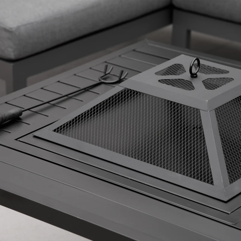 Outsunny Feuerschale Feuertisch mit Schürhaken Funkenschutz Feuerkorb Feuerstelle für Garten Camping BBQ Stahl Schwarz 81 x 81 x 53 cm