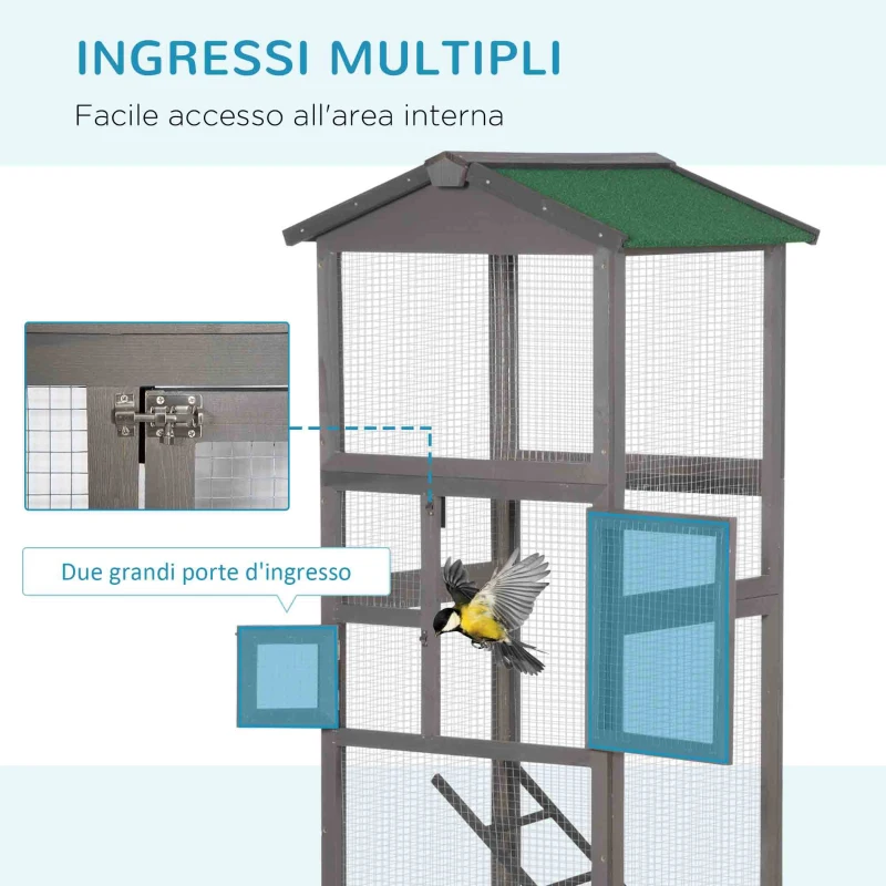 PawHut Gabbia per Uccelli Alta 165cm in Legno da Esterno con 2 Porte e Vassoio Estraibile, Grigio Chiaro