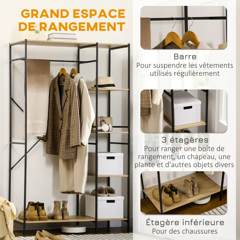 HOMCOM Penderie portant à vêtements style industriel en métal avec tringle et 4 étagères - dim. 100L x 46L x 170,5H cm