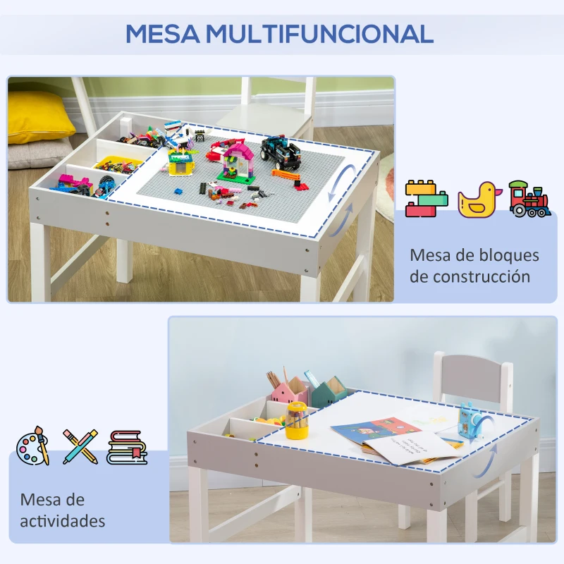HOMCOM Mesa y Silla Infantil de Madera con Tablero Extraíble Mesa de Bloques de Construcción para+18m 80x60x57,5 cm Gris