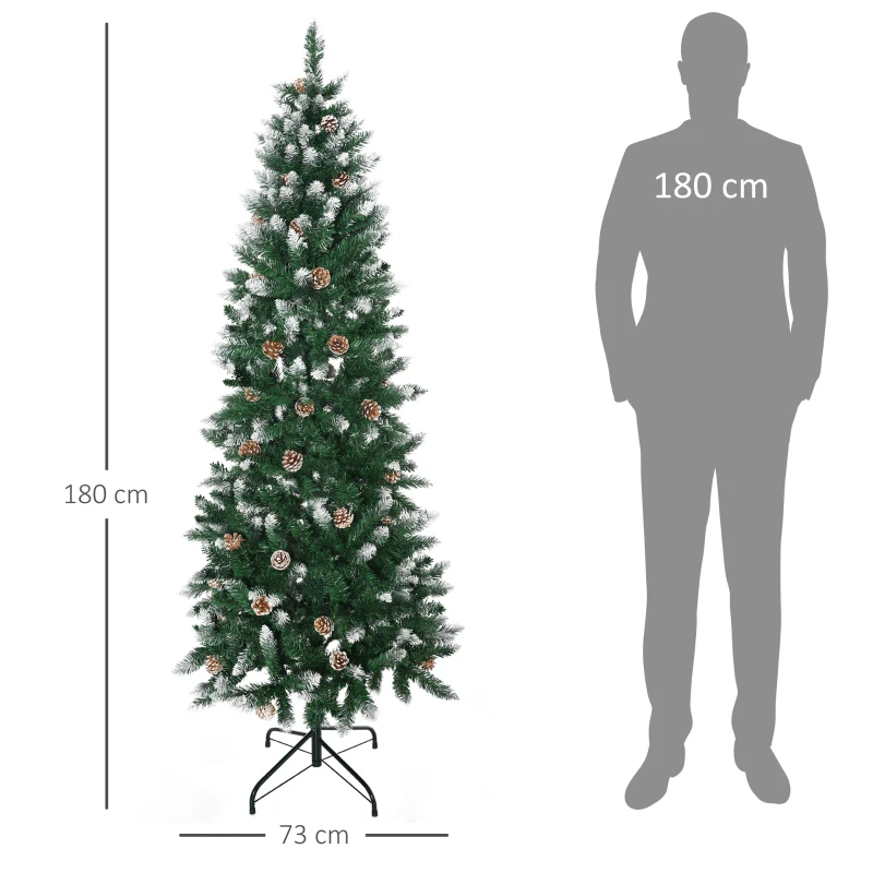 HOMCOM Árbol de Navidad Artificial de Nieve 180 cm con 508 Ramas 49 Piñas Base Plegable y Soporte de Acero Ø73x180 cm Verde