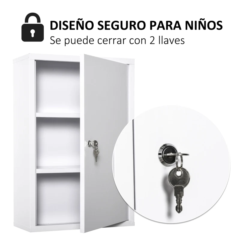 kleankin Botiquín de Pared de Metal con 3 Estantes y Cierre con Llave Armario de Medicamentos 40x18x60 cm Blanco