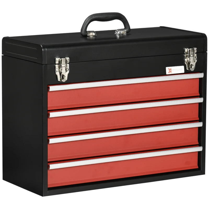 DURHAND Caja de Herramientas de Acero con 4 Cajones Bandeja Tapa Abatible y Cierres Metálicos 51x22x39,5 cm Negro y Rojo