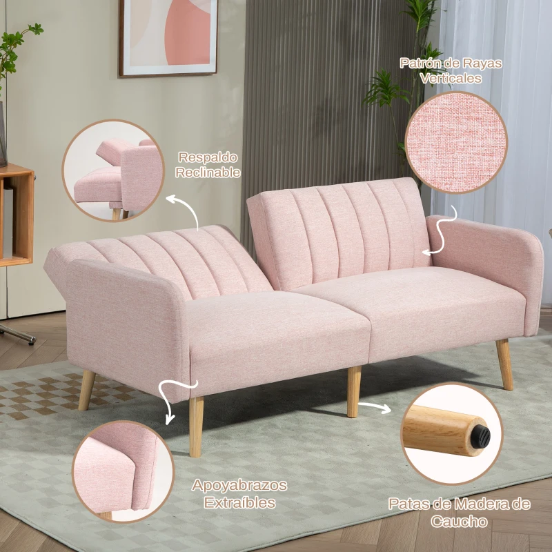 HOMCOM Sofá Cama de 2 Plazas Tapizado en Lino Sintético con Respaldo Ajustable y Reposabrazos Desmontables 173x75x73 cm Rosa(m-6)