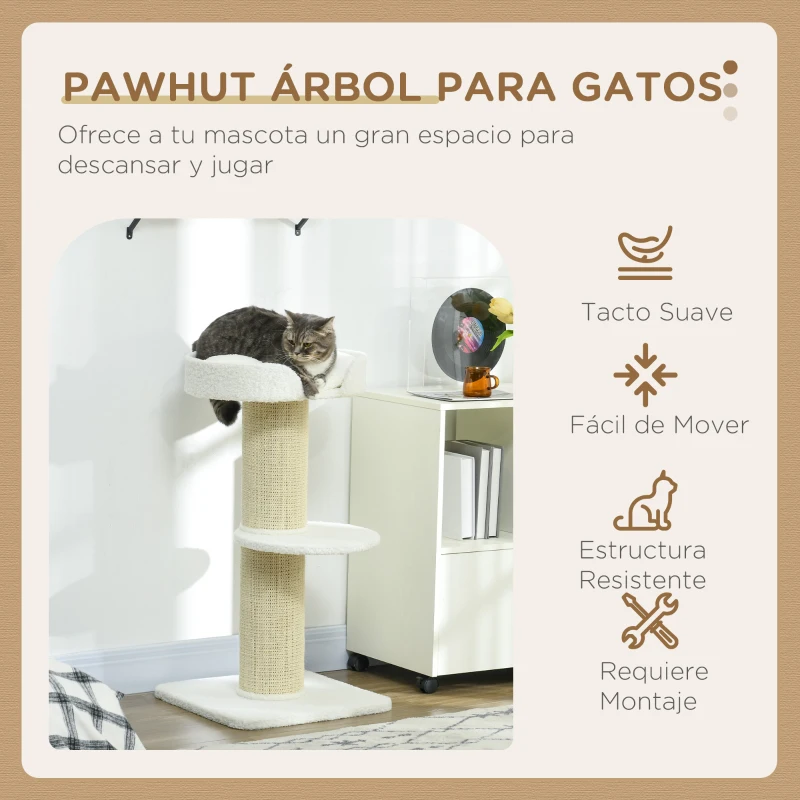 PawHut Árbol para Gatos Altura 91 cm de 3 Niveles con Nido Plataforma y Poste de Sisal 45x45x91 cm Crema