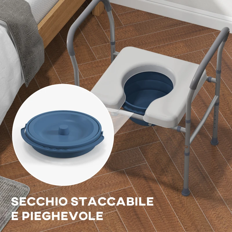 HOMCOM Sedia Comoda WC per Anziani e Disabili 4 in 1 Regolabile in Altezza con Braccioli Imbottiti, Grigio