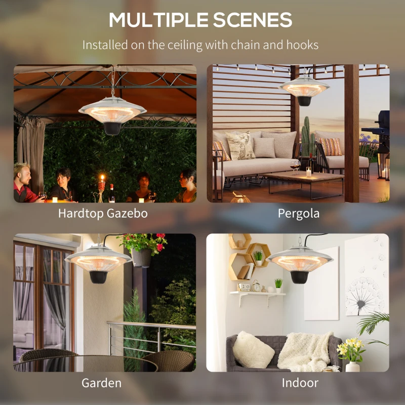Outsunny 1500W Outdoor Heater Outdoor Ceiling Mounted Aluminium Halogen Electric Hanging  Heating Light Pull Switch Control