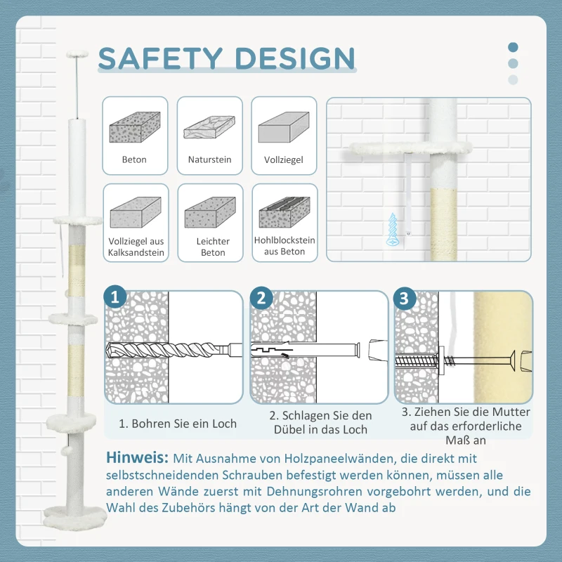 PawHut Deckenhoher Kratzbaum, variable Höhe 2,25-2,55 m, Sitzplattformen, Kippschutz, Spielbälle, weiß