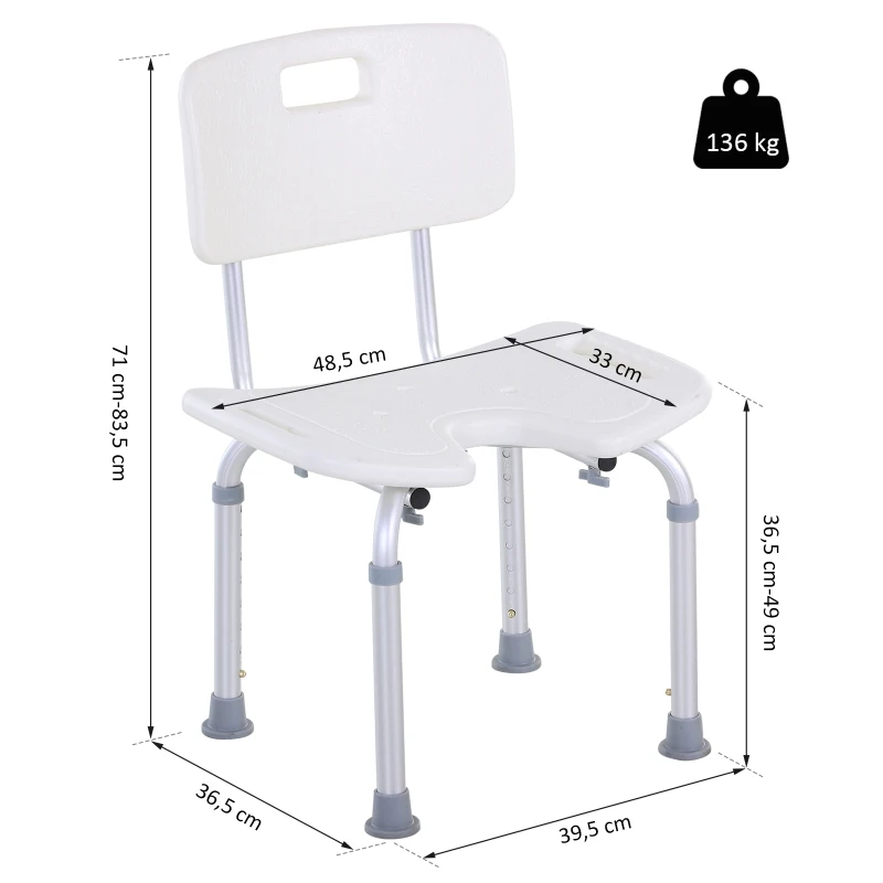 HOMCOM Taburete de Ducha Silla de Baño con Respaldo Altura Ajustable en 6 Niveles Pies Antideslizantes para Ancianos 39,5x36,5x71-83,5 cm Blanco