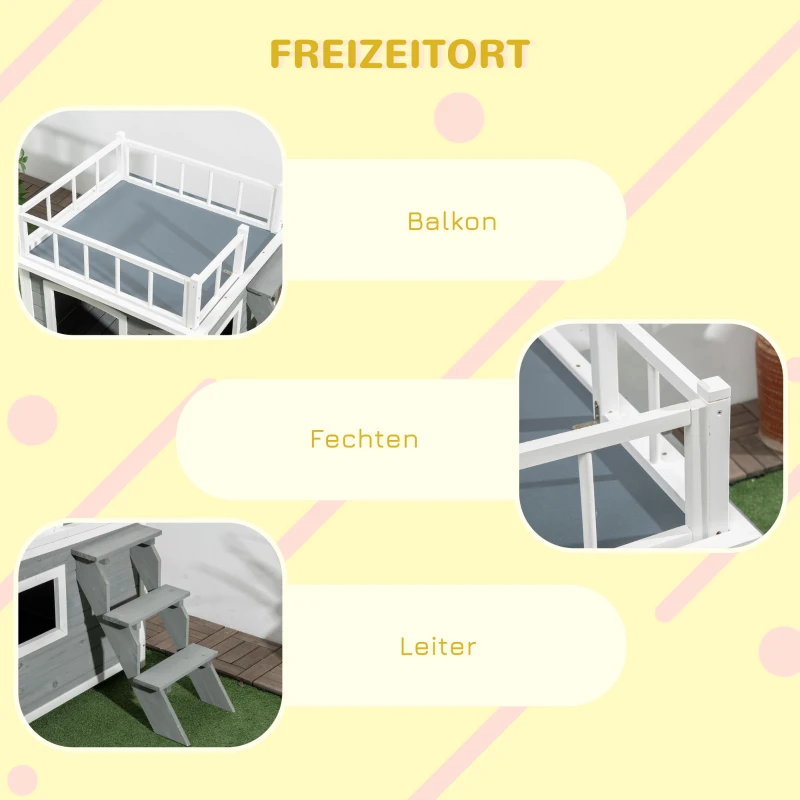 PawHut Hundehütte, Dachterrasse, Treppe, Fenster, Bodenabstand, Naturholz, hellgrau, 121 x 77 x 78cm