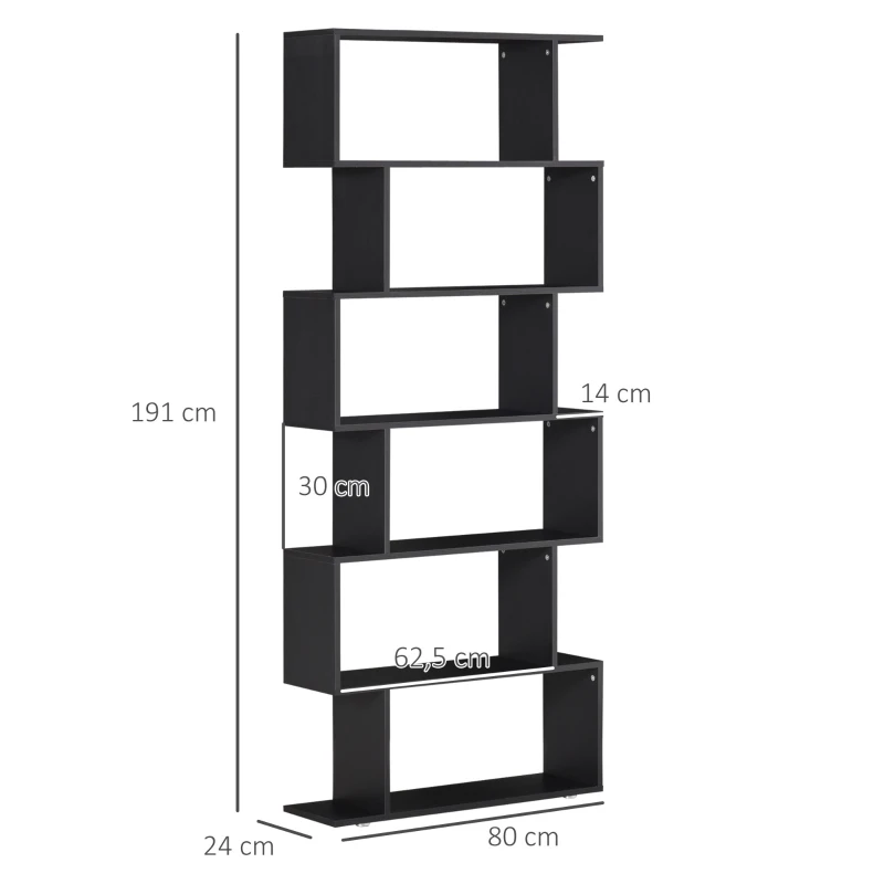 HOMCOM Estantería Librera 6 Estantes Madera Forma S 80x24x191 cm Estantes Color Negro