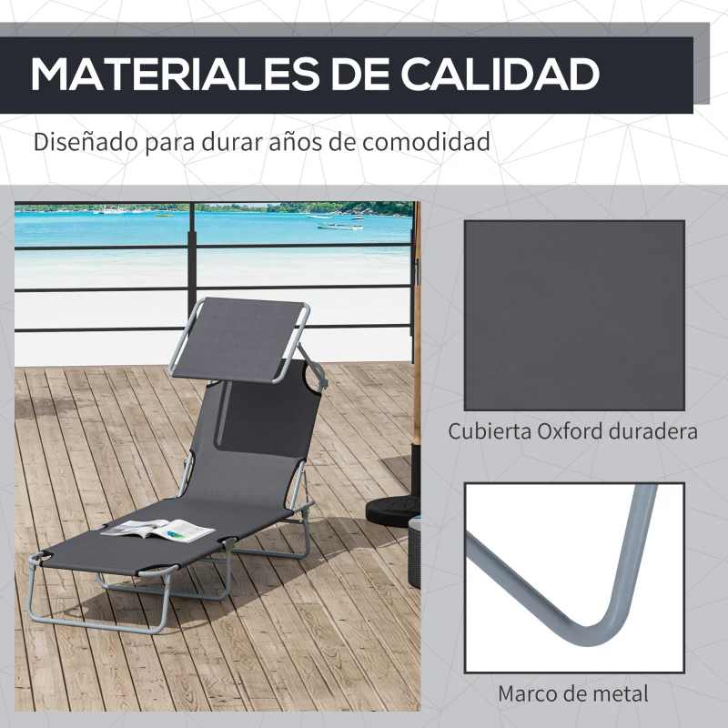 Outsunny Tumbona de jardín Plegable con Toldo y Respaldo Reclinable para Jardín Terraza Acampada 187x58x36cm Gris