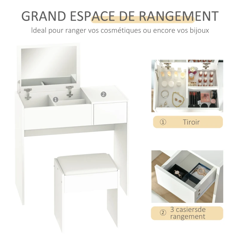 HOMCOM Coiffeuse Table de Maquillage Design Contemporain 80L x 40l x 79H cm Miroir escamotable, tiroir, Coffre + Tabouret Blanc