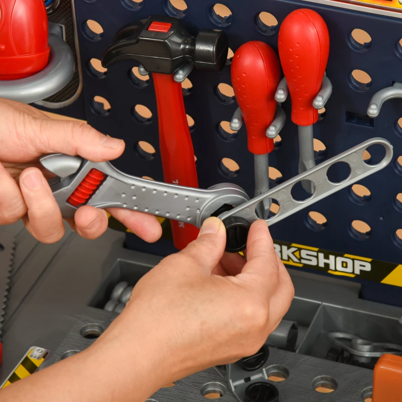 HOMCOM Banco da Lavoro Giocattolo con 55 Accessori, Attrezzi per Bambini 3-6 Anni con Trapano a Batteria, Blu e Grigio