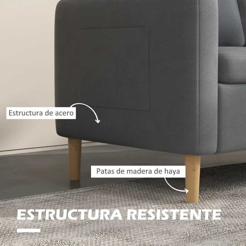 HOMCOM Sofá de 2 Plazas Tapizado en Poliéster con 2 Bolsillos Laterales Reposabrazos y Patas de Madera 143x76x83 cm Gris