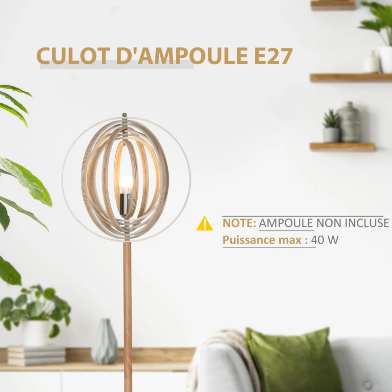 HOMCOM Lampadaire sur Pied Circulaire 40 W Max. Abat-Jour bois naturel clair dim. Ø 38 x 160 cm