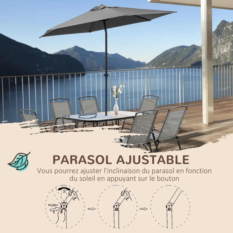 Outsunny Ensemble salon de jardin 8 pièces avec grand parasol, table dim.140L x 90l x 70H cm et chaises pliantes pour 6 personnes - métal époxy textilène polyester gris