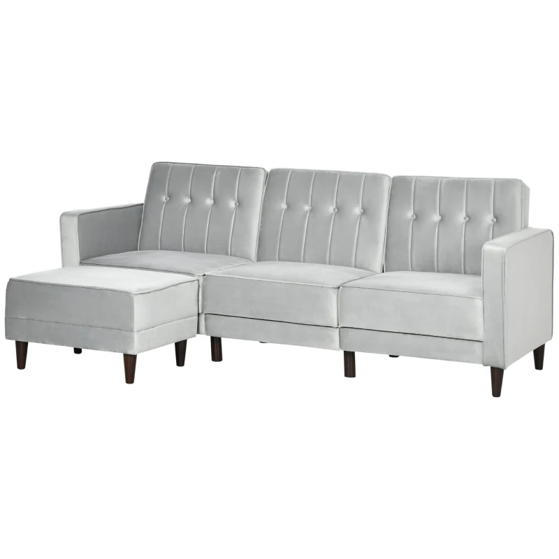 HOMCOM Sofá Cama con Chaise Longue de 3 Plazas Tacto aterciopelado con Respaldo Ajustable 218x85x86 cm Gris