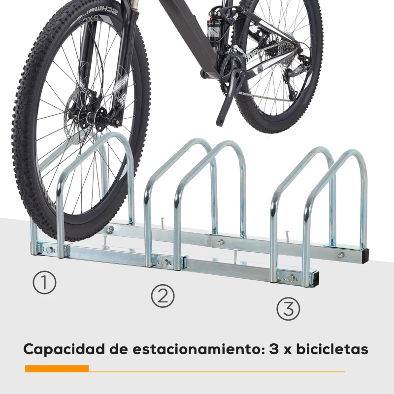 HOMCOM Aparcamiento para 3 Bicicletas Estacionamiento para Aparcar Bicicletas para Interior y Exterior 76x33x27cm Plata