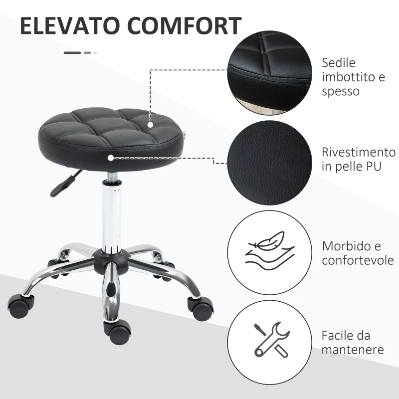 HOMCOM Sgabello Girevole Rotondo con Ruote, Altezza Regolabile e Rivestimento in Finta Pelle, Nero