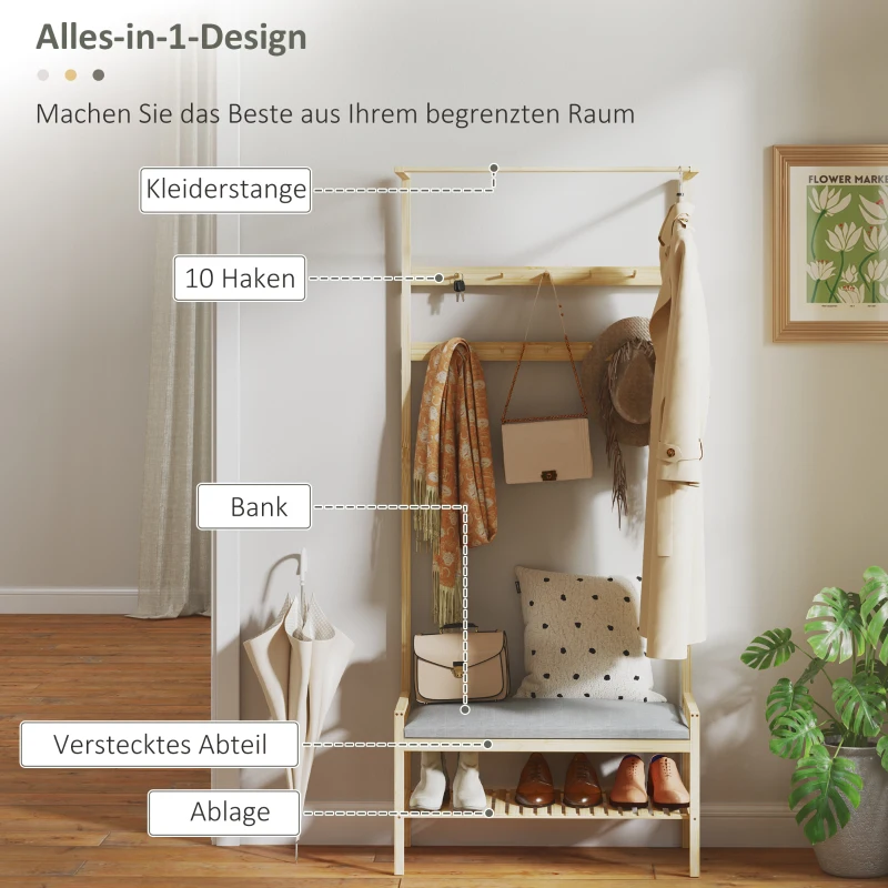 HOMCOM Garderobe mit Schuhbank, Kleiderstange, 10 Kleiderhaken, Schuhablage, Bambus