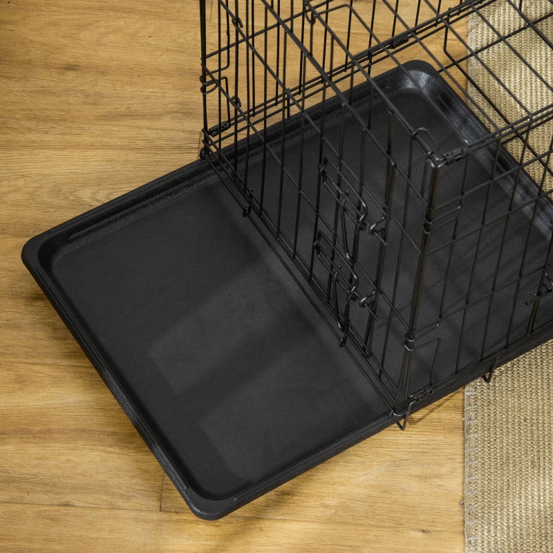 PawHut Jaula de Metal para Perros Plegable 60x43x49,5 cm con 2 Puertas con Pestillos Bandeja Extraíble Cojín Suave y Asa Negro