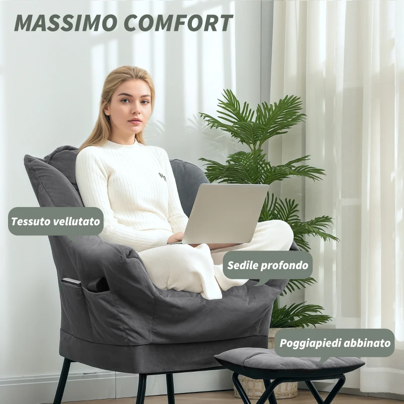 HOMCOM Poltrona Moderna con Poggiapiedi e 2 Tasche Laterali, in Tessuto Effetto Velluto e Acciaio, 80x78x100 cm, Grigio
