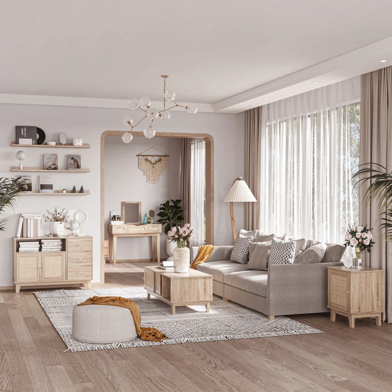 HOMCOM Buffet de cuisine meuble de rangement avec 2 portes rotin aspect cannage 3 tiroirs et grande niche - 110 x 40 x 76 cm