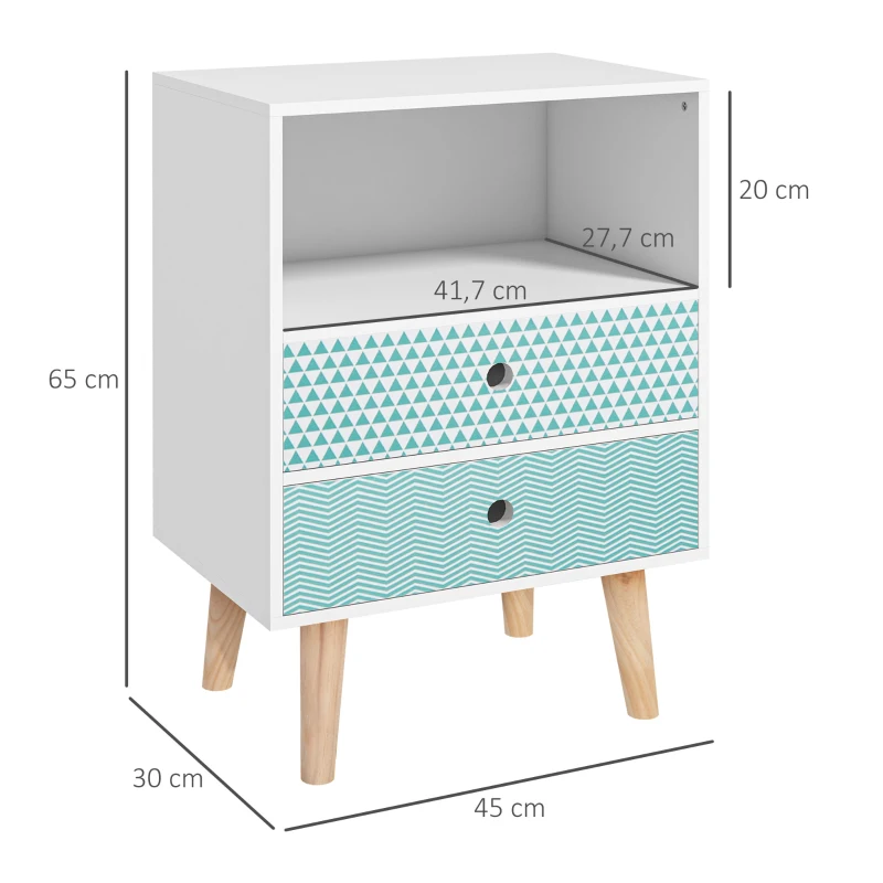 HOMCOM Cómoda de Madera Cajonera con 2 Cajones Mesita de Noche con Estante Abierto para Dormitorio Salón 45x30x65 cm Blanco