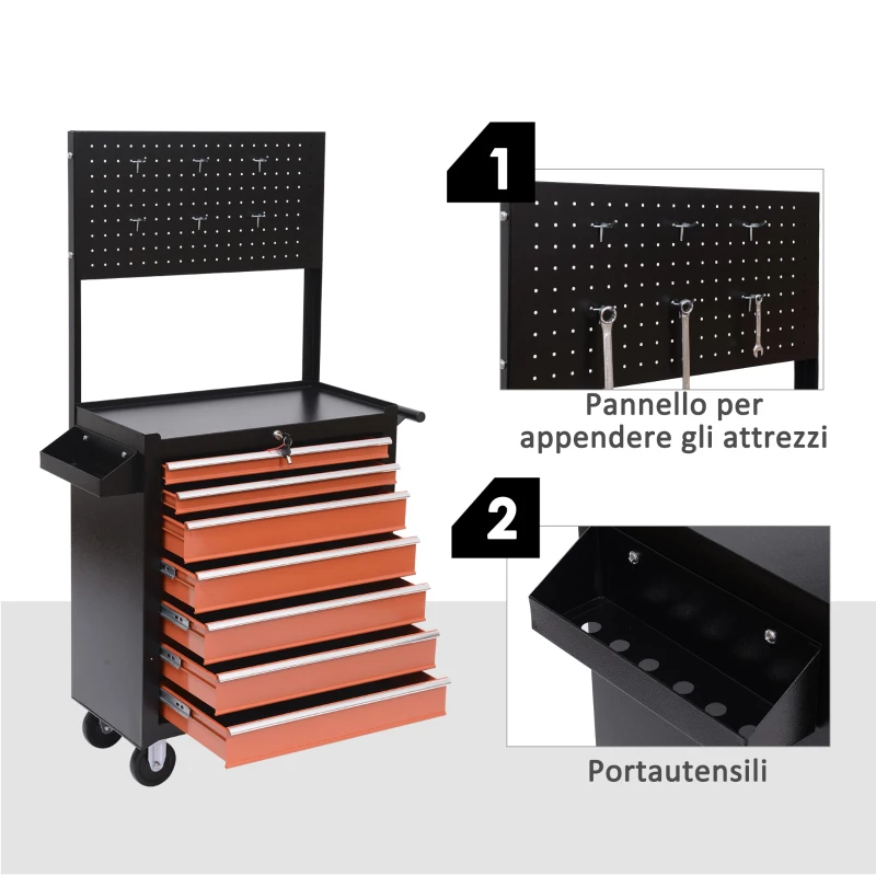 HOMCOM Carrello Porta Utensili Attrezzi Attrezzatura con Cassettiera 61.5 x 33 x 76cm Nero e Arancione