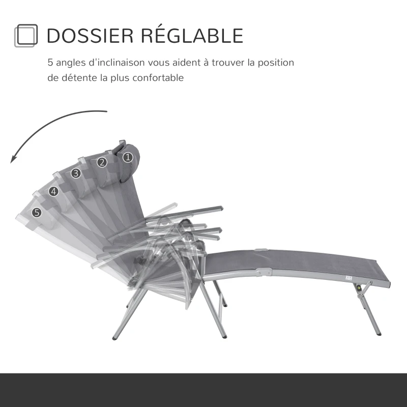 Outsunny Bain de soleil transat pliable dossier inclinable multi-positions têtière fournie alu. textilène gris