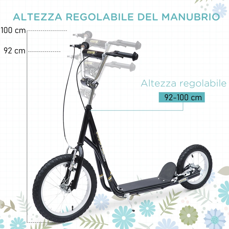 HOMCOM Monopattino per Bambini con Manubrio Regolabile, in Acciaio e Plastica, 135x58x92-100cm, Nero