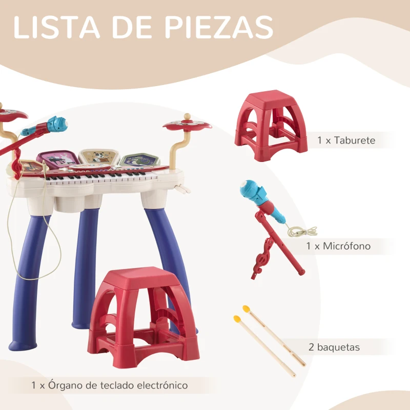 AIYAPLAY Juego de Piano 2 en 1 con Micrófono Luces 19 Canciones Batería y Volumen Ajustable 74x32,2x71cm Multicolor